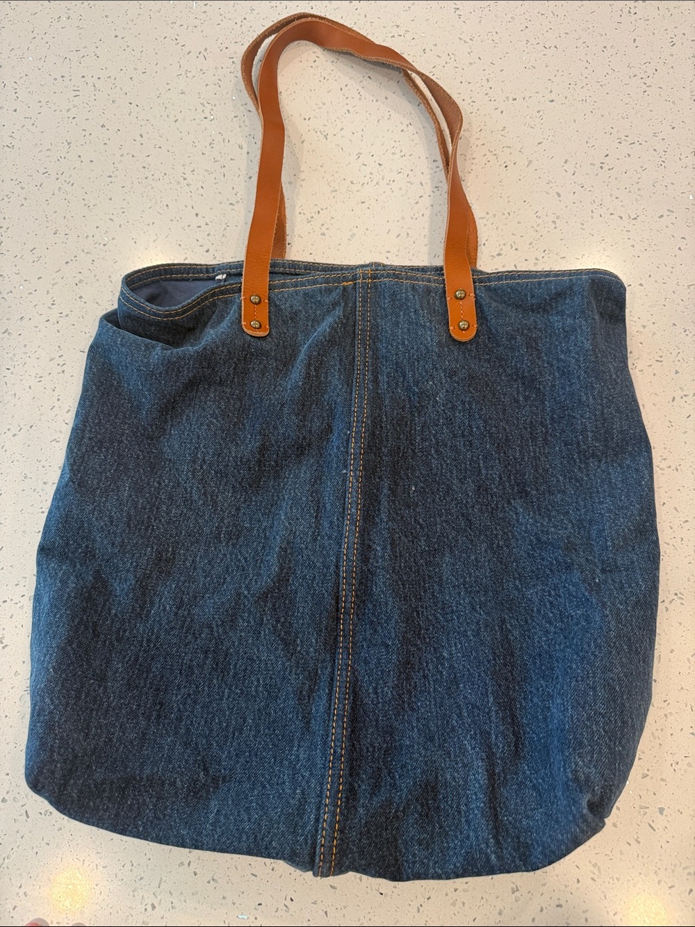 GAP denim tote bag with brown leather straps